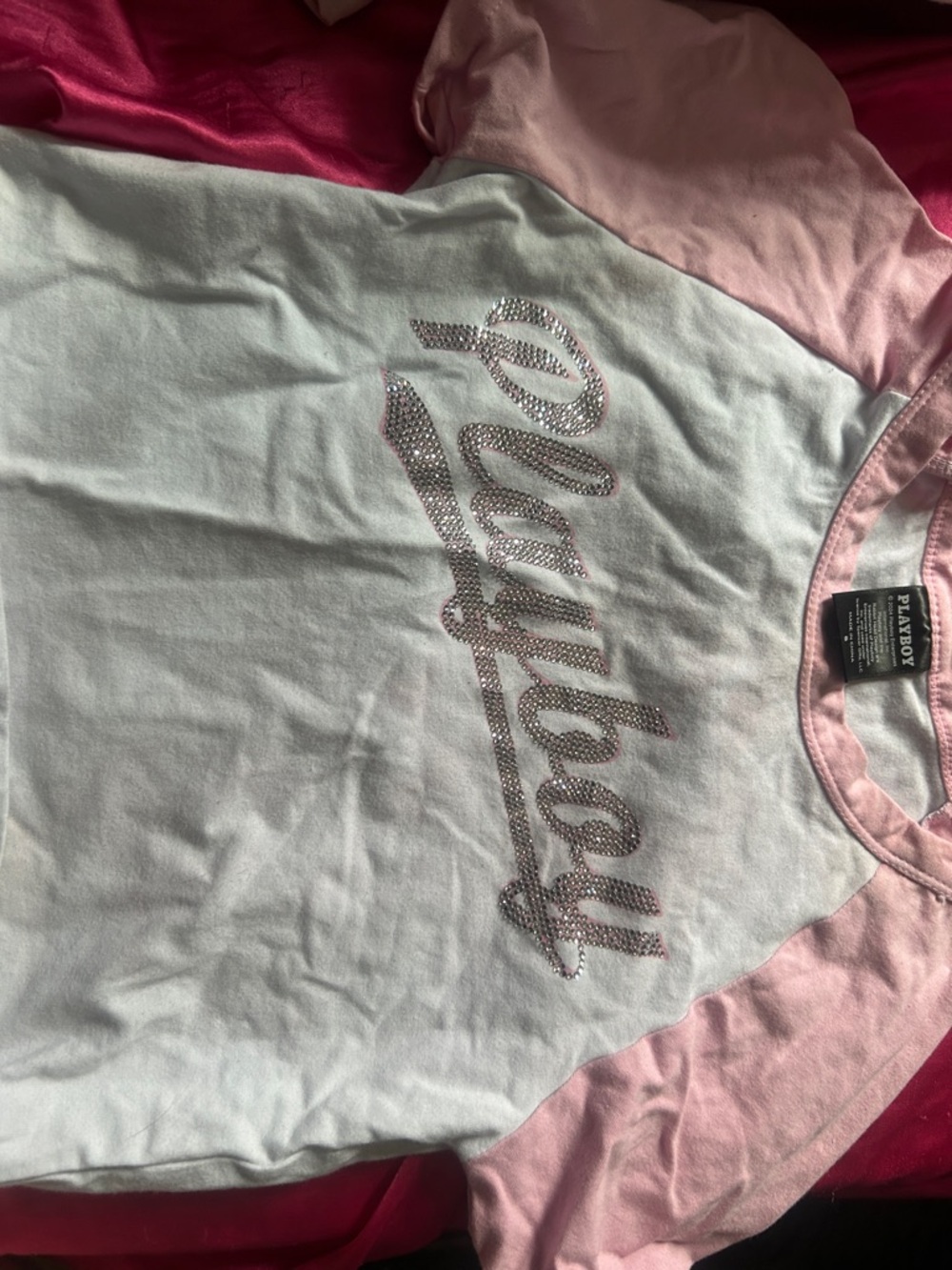 PLAYBOY White Tee with Pink Raglan Sleeves and Rhinestone Script